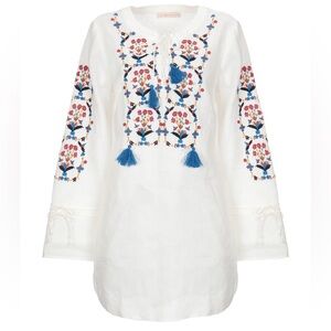 Tory Burch Linen Embroidered White Tunic Shirt Dress Blue Embroidered Accents S